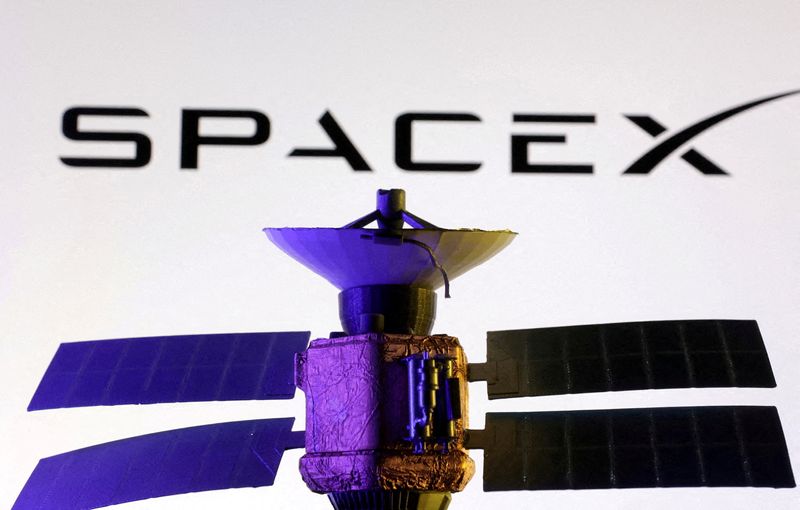 FILE PHOTO: SpaceX logo and miniature satellite model are seen in this illustration taken, March 10, 2025. REUTERS/Dado Ruvic/Illustration/File Photo