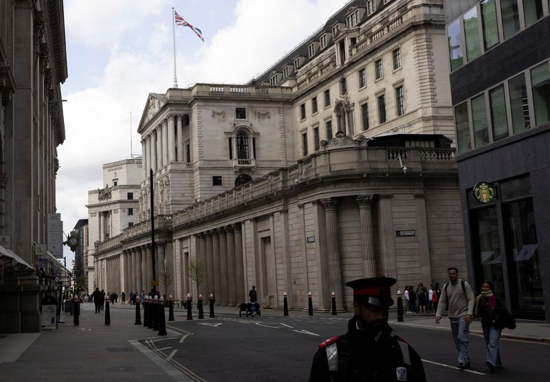 A general view of the Bank of England building in London, Britain, April 14, 2025. REUTERS/Carlos Jasso
