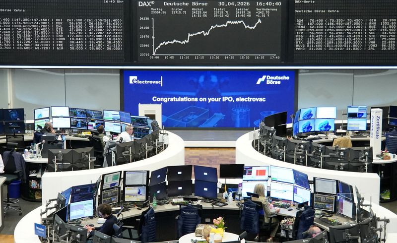 The German share price index DAX graph is pictured at the stock exchange in Frankfurt, Germany, April 30, 2026. REUTERS/Staff