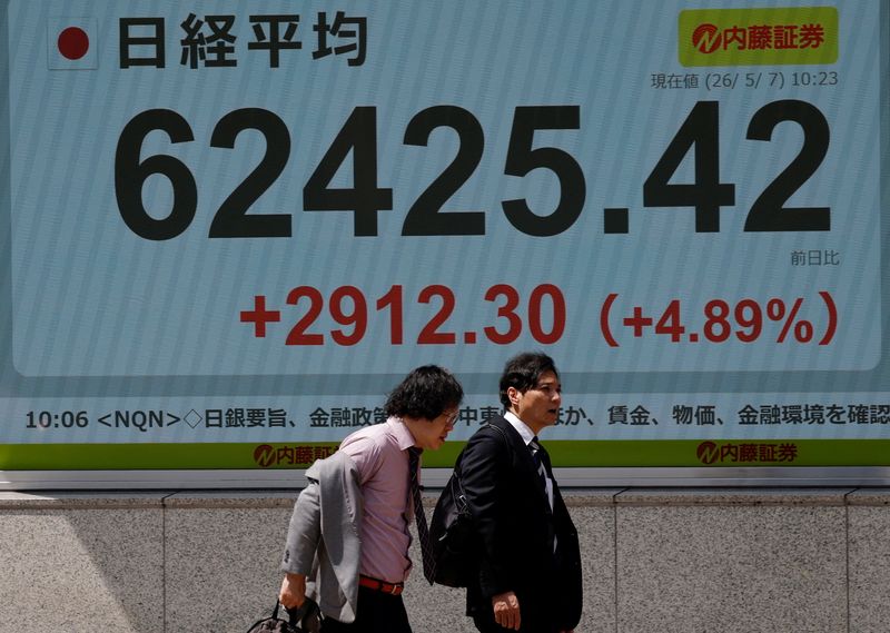 Pedestrians walk past a stock quotation board showing the Nikkei share average outside a brokerage in Tokyo, Japan, May 7, 2026. REUTERS/Kim Kyung-Hoon