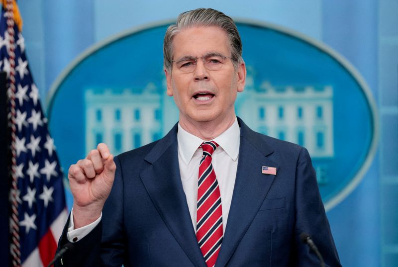 FILE PHOTO: U.S. Treasury Secretary Scott Bessent speaks during a press briefing in the James S. Brady Press Briefing Room at the White House in Washington, D.C., U.S., April 15, 2026. REUTERS/Evan Vucci/File Photo