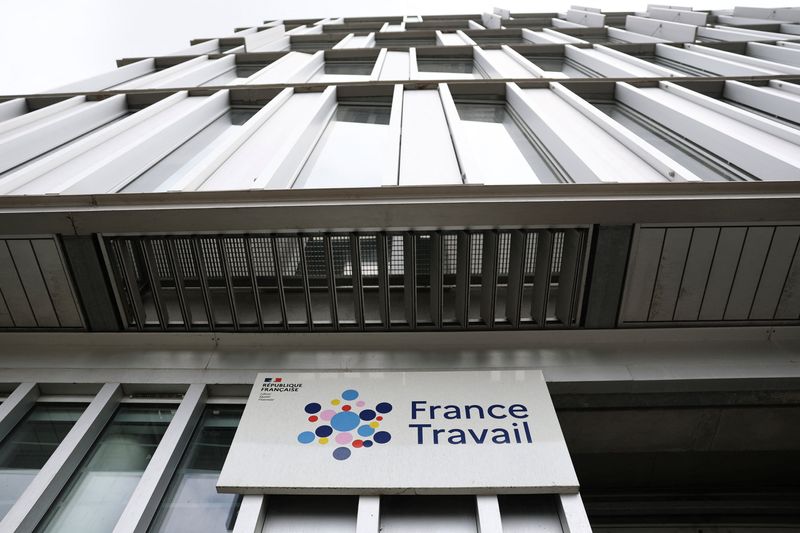 The logo of France Travail (National Agency for Employment) is seen at one of its offices, in Nantes, May 6, 2026. REUTERS/Stephane Mahe