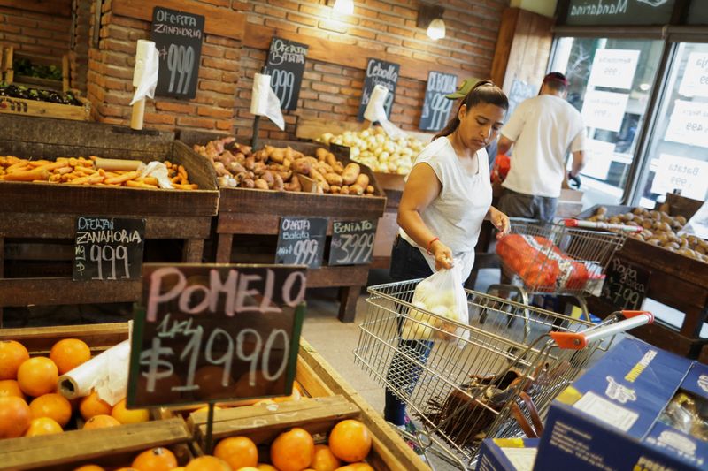 A woman puts a bag in a shopping cart at a greengrocer's in Buenos Aires, Argentina December 11, 2025. REUTERS/Francisco Loureiro