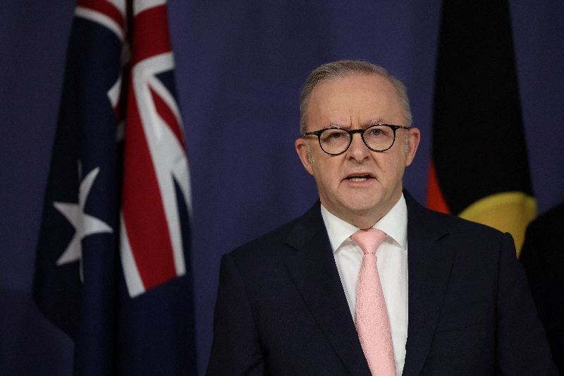 Australia’s Prime Minister Anthony Albanese reacts during a press conference, after the Governor-General, Sam Mostyn, received the Interim Report from the Royal Commission on Antisemitism and Social Cohesion in Sydney, Australia, April 30, 2026. REUTERS/Hollie Adams
