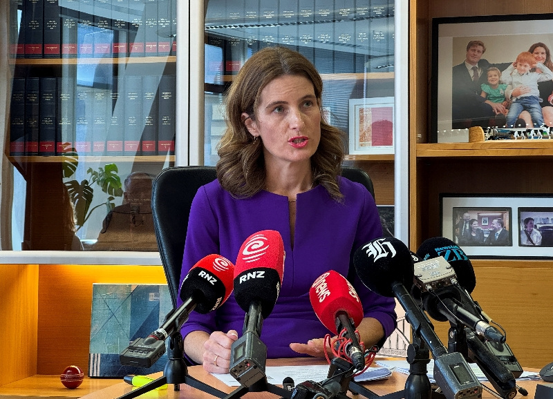 New Zealand's Finance Minister Nicola Willis speaks to the media as she gives an economic update, at Parliament in Wellington, New Zealand April 23, 2026. REUTERS/Lucy Craymer