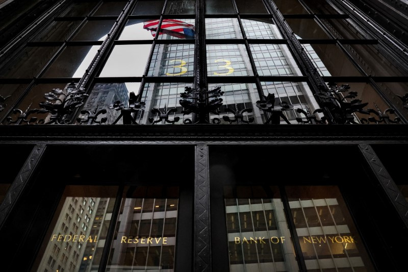 FILE PHOTO: The entrance to The Federal Reserve Bank of New York is seen in New York City, U.S., March 13, 2023.  REUTERS/Brendan McDermid/ File Photo