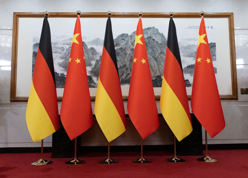 German and Chinese flags are displayed at the Diaoyutai State Guesthouse in Beijing, China, 25 February, 2026.  JESSICA LEE/Pool via REUTERS