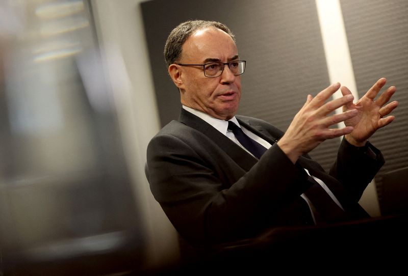 FILE PHOTO: Bank of England Governor Andrew Bailey speaks to Reuters in an interview after the central bank publishes its latest report on financial‑sector risks, including the impact of the Iran war, in London, Britain, April 1, 2026. REUTERS/Hannah McKay/File Photo