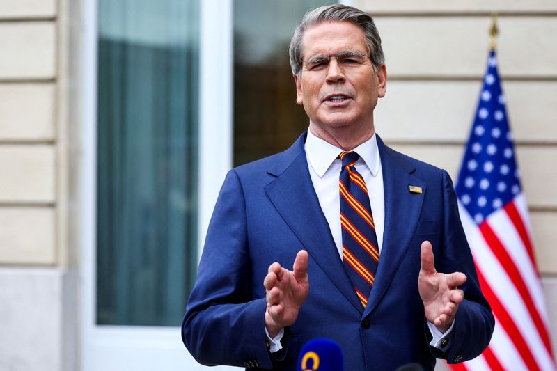 FILE PHOTO: U.S. Treasury Secretary Scott Bessent speaks to the media after two days of meetings with a Chinese delegation, in Paris, France March 16, 2026. REUTERS/Abdul Saboor/File Photo
