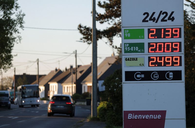 A price board at a fuel station in Donges, near Saint-Nazaire, western France, April 9, 2026. REUTERS/Stephane Mahe