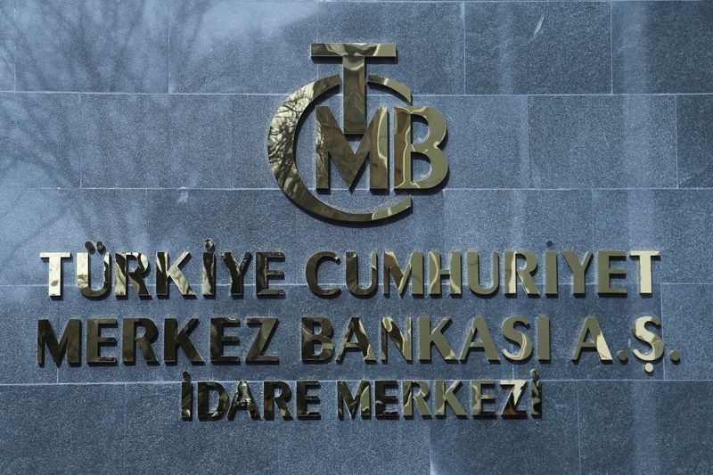 A logo of Turkey's Central Bank is pictured at the entrance to its headquarters in Ankara, Turkey February 8, 2024. REUTERS/Cagla Gurdogan