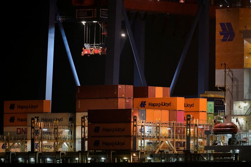 FILE PHOTO: Containers are seen at the loading terminal "Altenwerder" in the port of Hamburg, Germany, February 17, 2025. REUTERS/Fabian Bimmer/File Photo
