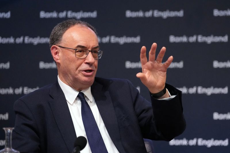 Bank of England Governor Andrew Bailey gestures as he speaks during the Monetary Policy Report Press Conference at the Bank of England in London, Britain, April 30, 2026.     Kirsty Wigglesworth/Pool via REUTERS
