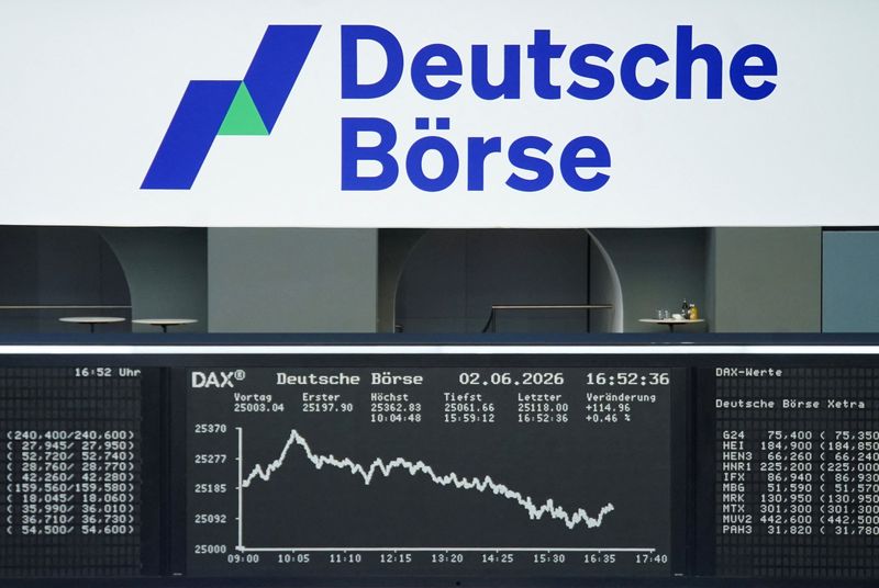 The German share price index DAX graph is pictured at the stock exchange in Frankfurt, Germany, June 2, 2026.     REUTERS/Wolfgang Rattay
