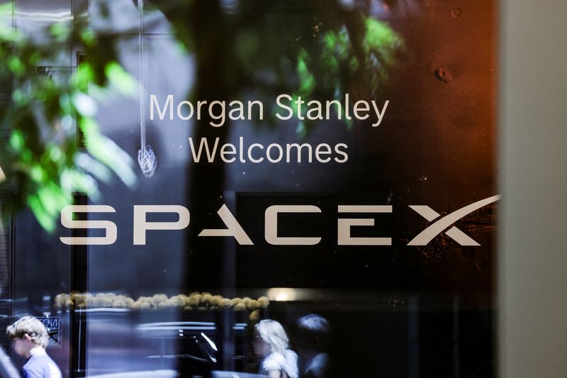 SpaceX initial public offering signage is displayed at the Morgan Stanley building in New York, U.S., June 4, 2026. REUTERS/Jeenah Moon