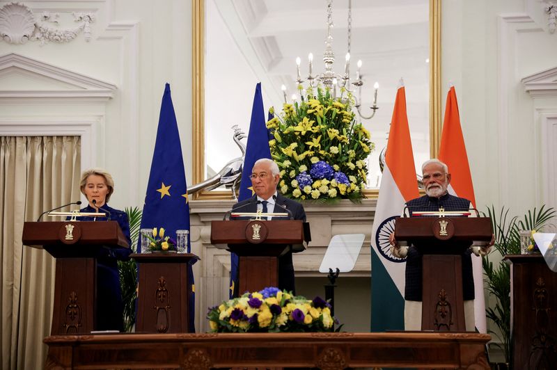 FILE PHOTO: Indian Prime Minister Narendra Modi, European Council President Antonio Costa and European Commission President Ursula von der Leyen hold a joint press statement at the Hyderabad House in New Delhi, India, January 27, 2026. REUTERS/Altaf Hussain/File Photo
