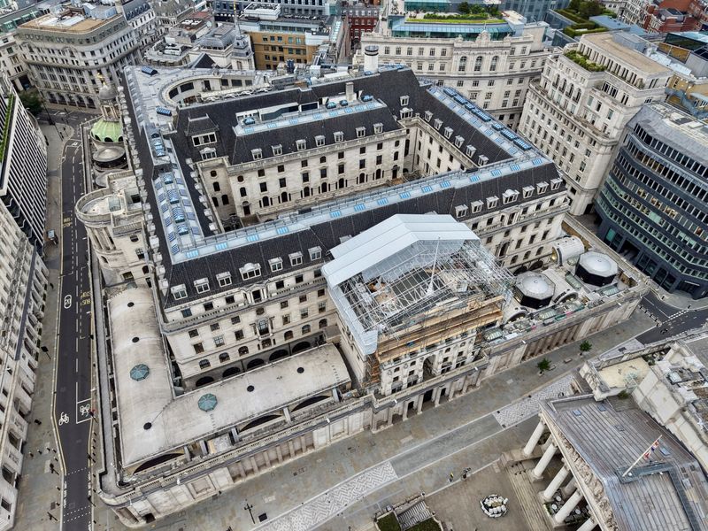 A drone view of the Bank of England building in London, Britain, June 18, 2026. REUTERS/Yann Tessier