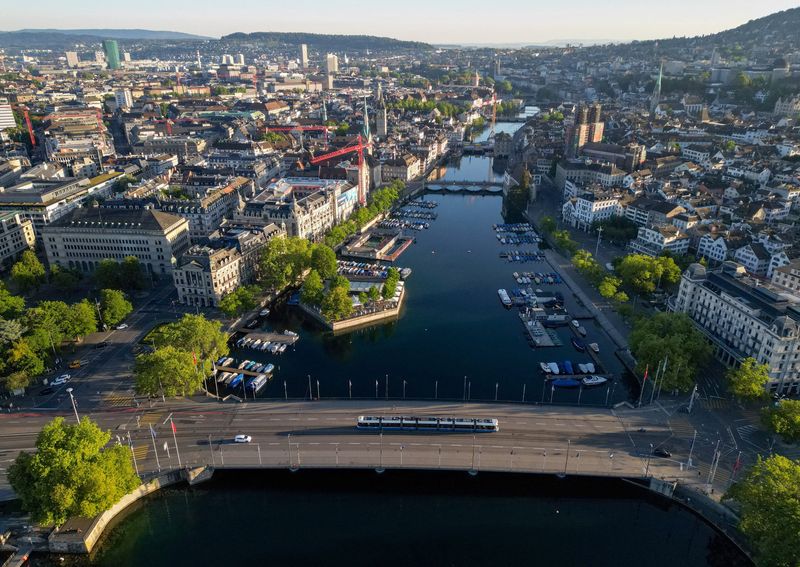 A drone view shows the Limmat river in the city of Zurich, Switzerland, May 24, 2026. REUTERS/Denis Balibouse