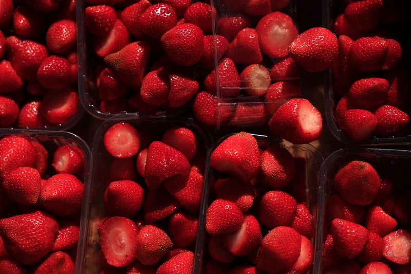 FILE PHOTO: Punnets of strawberries ahead of Day One of Wimbledon at the All England Lawn Tennis and Croquet Club in London, Britain, June 30, 2025. REUTERS/Andrew Couldridge/File Photo