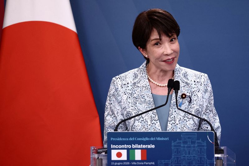 FILE PHOTO: Japanese Prime Minister Sanae Takaichi gives a press statement with Italian Prime Minister Giorgia Meloni (not pictured) after their meeting at Villa Doria Pamphilj in Rome, Italy, June 15, 2026. REUTERS/Guglielmo Mangiapane/File Photo