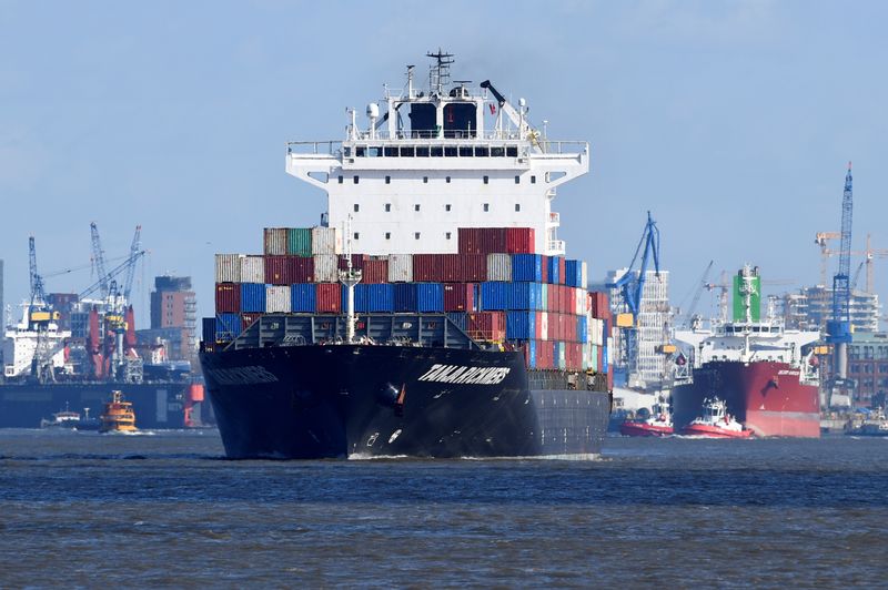 A container ship leaves the port in Hamburg, Germany March 11, 2020. REUTERS/Fabian Bimmer