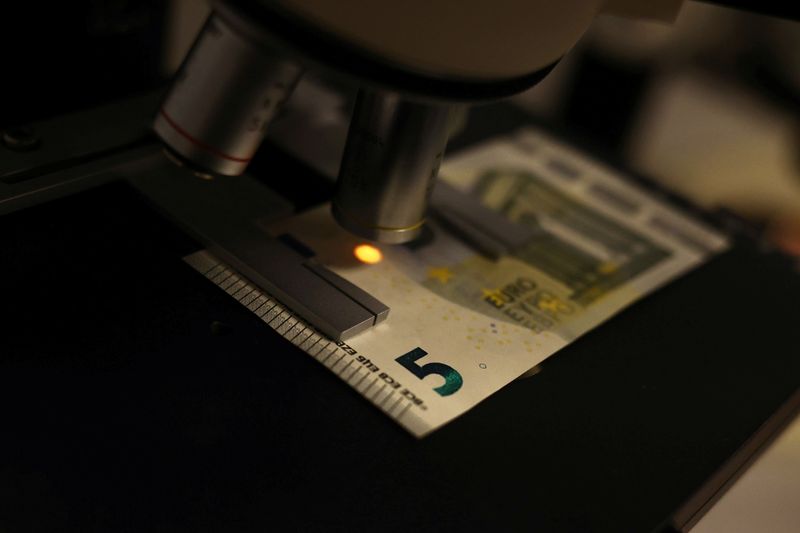 Five-euro note is seen in fraud control of Bank of Portugal fortified complex in Carregado, Alenquer, Portugal, May 17, 2022. Picture taken May 17, 2022. REUTERS/Pedro Nunes