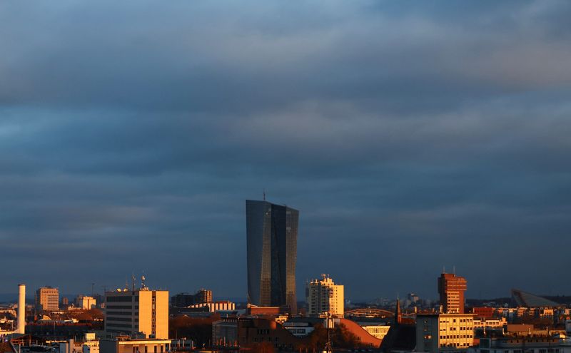 The building of the European Central Bank (ECB) appears on the horizon during sunset in Frankfurt, Germany, December 2, 2023. REUTERS/Wolfgang Rattay