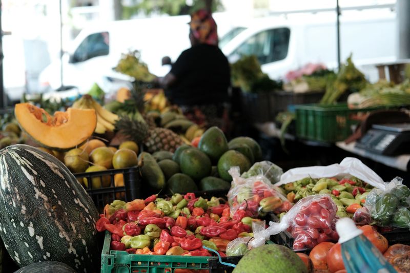 Locally grown fruit and vegetables are displayed for sale at a market in Fort-de-France, on the French Caribbean island of Martinique, January 25, 2025. REUTERS/Layli Foroudi