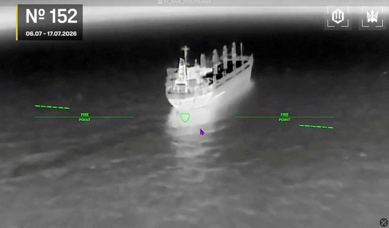 FILE PHOTO: Ukraine’s UAVs hit targets at a location given as Black Sea, in a screengrab taken from a handout video released July 17, 2026. Commander of Unmanned Aerial Systems Force/Handout via REUTERS/File Photo