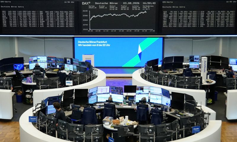 The German share price index DAX graph is pictured at the stock exchange in Frankfurt, Germany, August 3, 2026. REUTERS/Staff