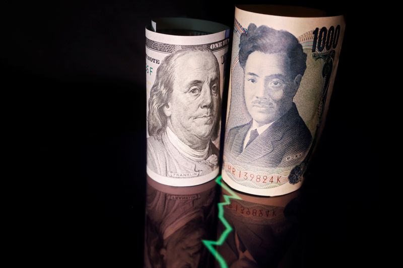Japanese yen and U.S. dollar banknotes are seen with a currency exchange rate graph in this illustration picture taken June 16, 2022. REUTERS/Florence Lo/Illustration