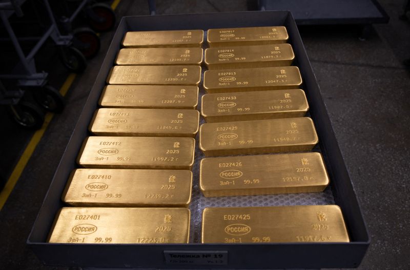 Ingots of 99.99 percent pure gold in a workroom during production at Krastsvetmet precious metals plant in the Siberian city of Krasnoyarsk, Russia, June 16, 2026. REUTERS/Alexander Manzyuk