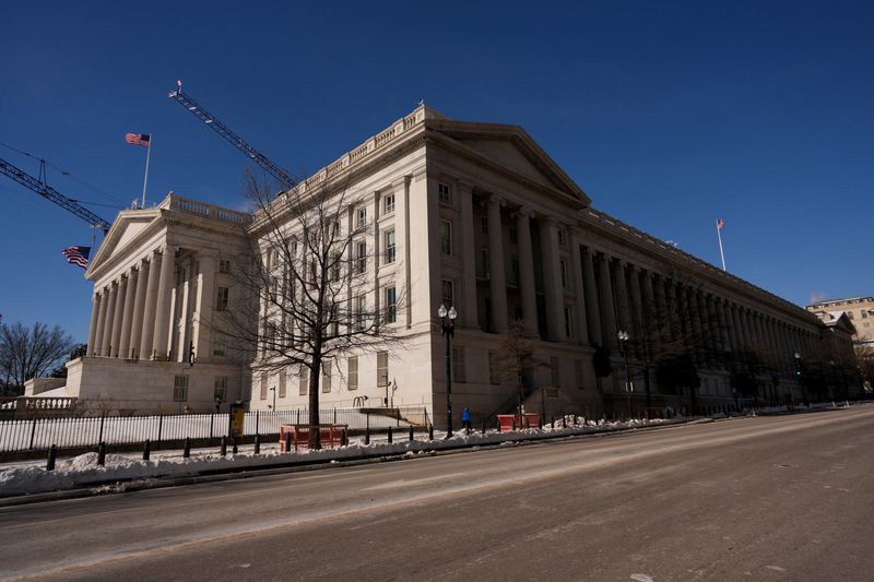 FILE PHOTO: A general view of the U.S. Treasury building in Washington, D.C., U.S., February 1, 2026. REUTERS/Ken Cedeno/File Photo