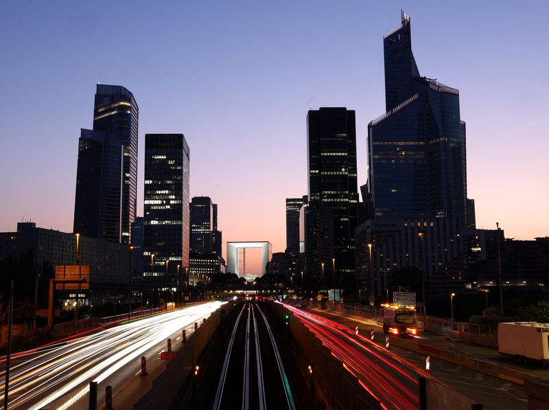 A view shows the financial and business district of La Defense in Puteaux near Paris, June 23, 2026. Picture taken with a long exposure. REUTERS/Abdul Saboor