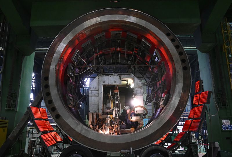 FILE PHOTO: An employee works at the factory Atommash, an AEM-technology subsidiary producing equipment for nuclear power plants, in Volgodonsk, Russia December 17, 2019. REUTERS/Sergey Pivovarov/File Photo