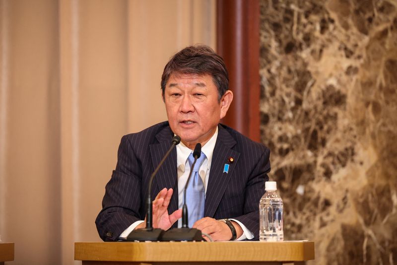 FILE PHOTO: TOKYO, JAPAN - SEPTEMBER 14:  Liberal Democratic Party Secretary General Toshimitsu Motegi speaks during a debate at the Nixon Kisha Club in Tokyo, Japan. September 14, 2024. Takashi Aoyama/Pool via REUTERS/File Photo