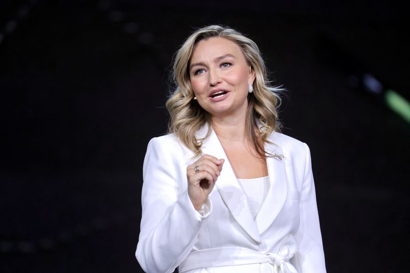 FILE PHOTO: Ebba Busch, Swedish minister for energy business and industry and Swedish deputy prime minister, speaks during a Volvo Group keynote during CES 2025, an annual consumer electronics trade show, in Las Vegas, Nevada, U.S. January 8, 2025. REUTERS/Steve Marcus/File Photo