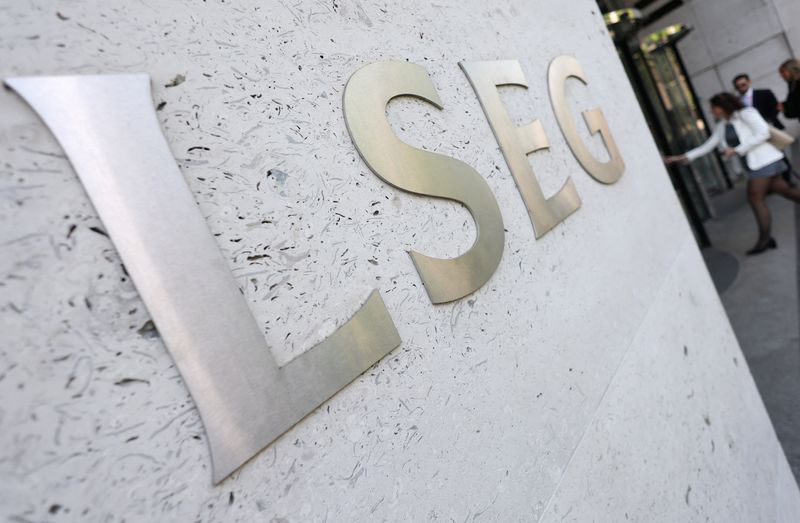 FILE PHOTO: Signage is seen outside the LSEG (London Stock Exchange Group) headquarters in Paternoster Square, London, Britain, April 25, 2025. REUTERS/Toby Melville/File Photo