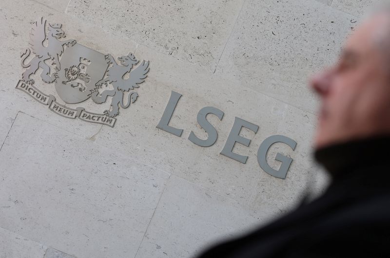 FILE PHOTO: Signage is seen outside the LSEG (London Stock Exchange Group) headquarters in Paternoster Square, London, Britain, April 25, 2025. REUTERS/Toby Melville/File Photo