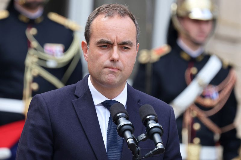FILE PHOTO: France's newly-appointed Prime Minister Sebastien Lecornu reacts as he speaks at the end of the handover ceremony at the Hotel Matignon in Paris on September 10, 2025. LUDOVIC MARIN/Pool via REUTERS/File Photo
