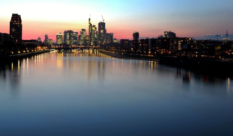 FILE PHOTO: The skyline with the banking district is seen during sunset in Frankfurt, Germany, February 27, 2024.  REUTERS/Kai Pfaffenbach/File Photo