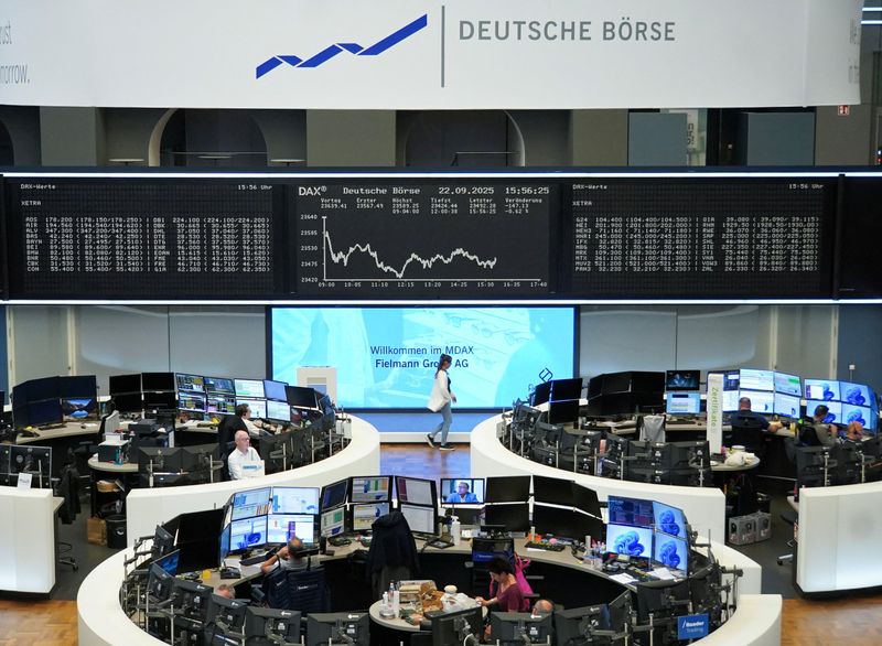 FILE PHOTO: German share price index DAX graph is pictured at the stock exchange in Frankfurt, Germany, September 22, 2025.    REUTERS/staff/File Photo