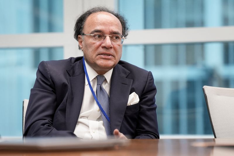 Pakistan Finance Minister Muhammad Aurangzeb speaks during a Reuters interview at the 2025 annual IMF/World Bank Spring Meetings in Washington, D.C., U.S., April 25, 2025. REUTERS/Ken Cedeno