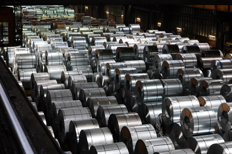 Steel coils are waiting for delivery at the storage and distribution facility of German steel maker ThyssenKrupp in Duisburg, Germany, November 16, 2023.     REUTERS/Wolfgang Rattay