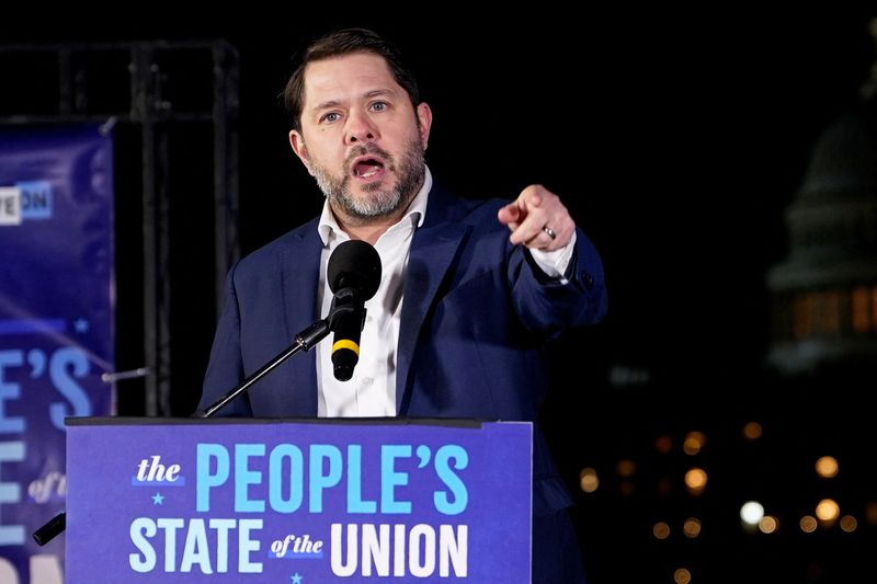 U.S. Sen. Ruben Gallego speaks during the "People's State of the Union" event ahead of U.S. President Trump's State of the Union address in Washington, D.C., U.S., February 24, 2026. REUTERS/Elizabeth Frantz/File Photo