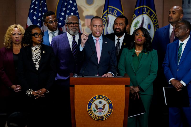 U.S. House Minority Leader Hakeem Jeffries (D-NY) speaks during a Congressional Black Caucus news conference regarding the U.S. Supreme Court decision to block an electoral map that had given Louisiana a second Black-majority U.S. congressional district, on Capitol Hill in Washington, D.C., U.S., April 29, 2026. REUTERS/Elizabeth Frantz