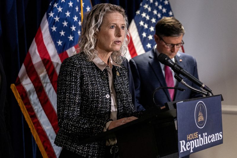 FILE PHOTO: U.S. Representative Jen Kiggans (R-VA) speaks to the press following a morning Republican Conference meeting, prior to a House vote on a stopgap spending bill that would extend government funding for six months and require Americans to provide proof of citizenship when they vote, on Capitol Hill in Washington, U.S., September 18, 2024. REUTERS/Anna Rose Layden/File Photo