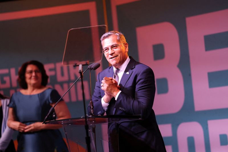 Democratic candidate Xavier Becerra speaks on election night for the 2026 California gubernatorial primary at his election night watch party, in Los Angeles, California, U.S. June 2, 2026.   REUTERS/Aude Guerrucci