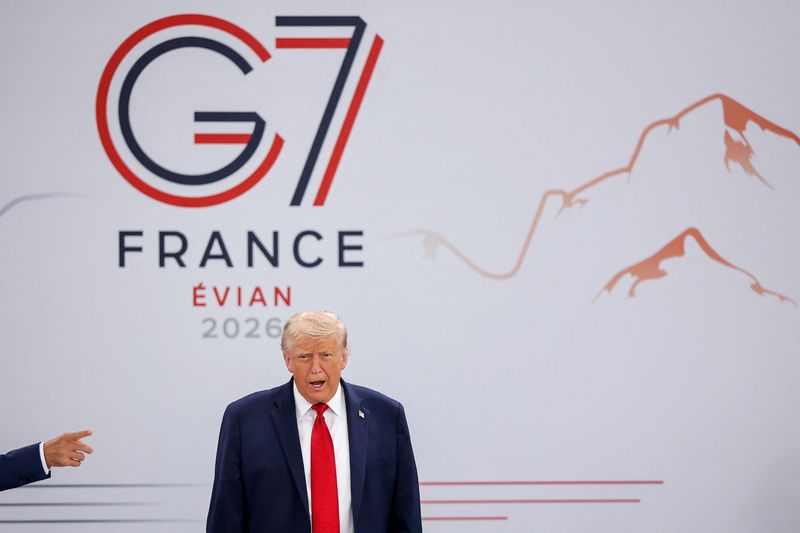 U.S. President Donald Trump arrives for a working session with G7 leaders and outreach partners on promoting economic growth, during the G7 Summit in Evian-les-Bains, France, June 17, 2026. REUTERS/Christian Hartmann