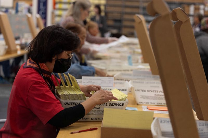 FILE PHOTO: Election workers extract mail-in ballots at the registrar of voters' office during the California primary election in San Diego, California, U.S., June 2, 2026.  REUTERS/Mike Blake/ File Photo